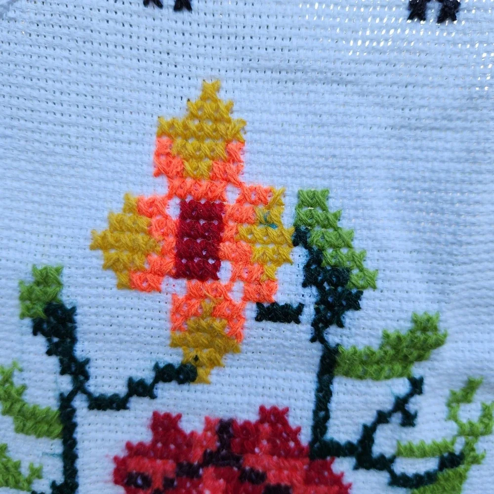 Vintage Embroidered Floral Tablecloth Cross Stitch Openwork Lace Cottagecore